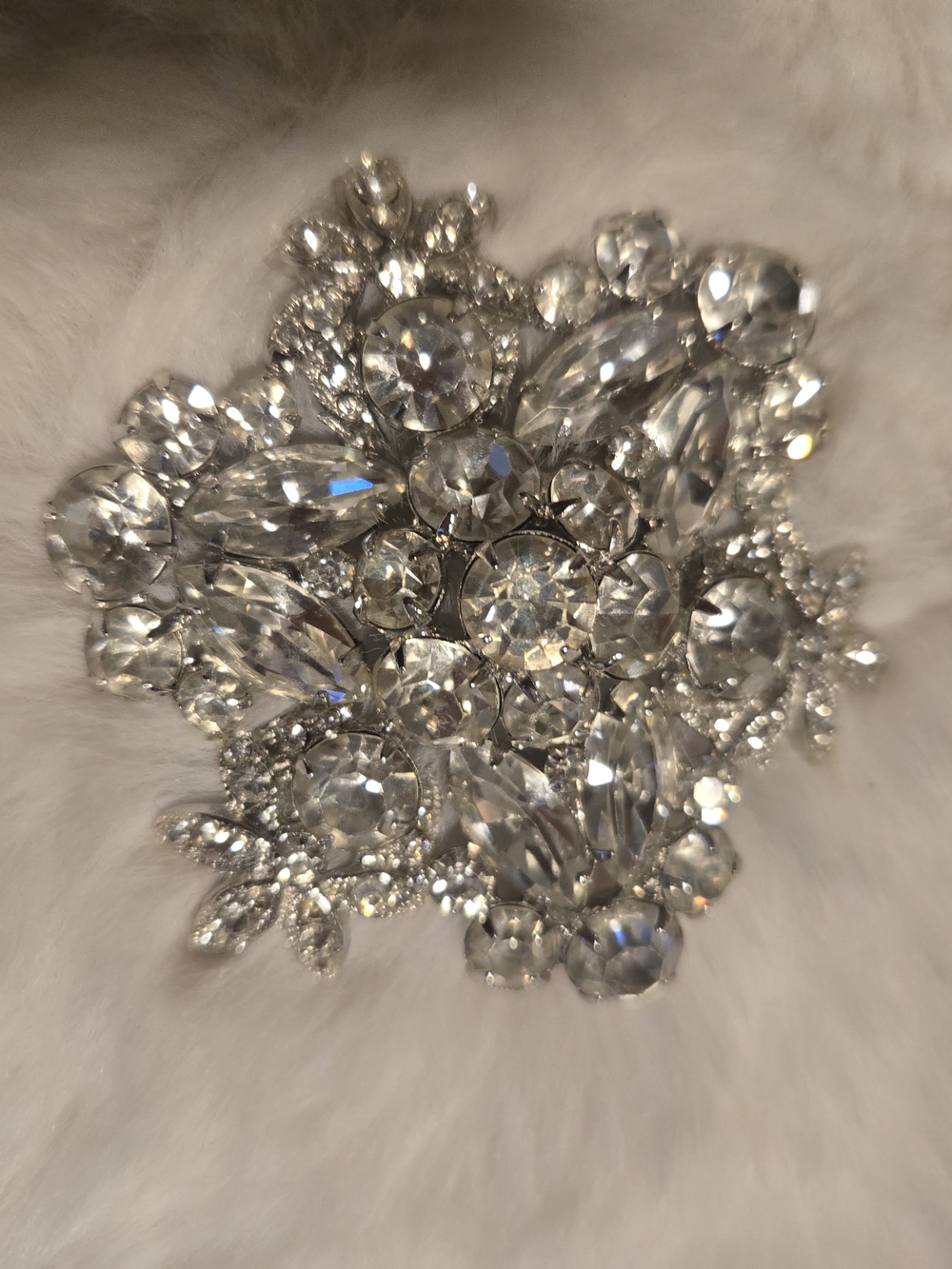 Vintage Silver Crystal Floral Brooch - Clear Sparkle